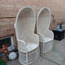Set Of Two Pieces Vintage Gorgeous Peacok Canopy White Rattan Chairs 