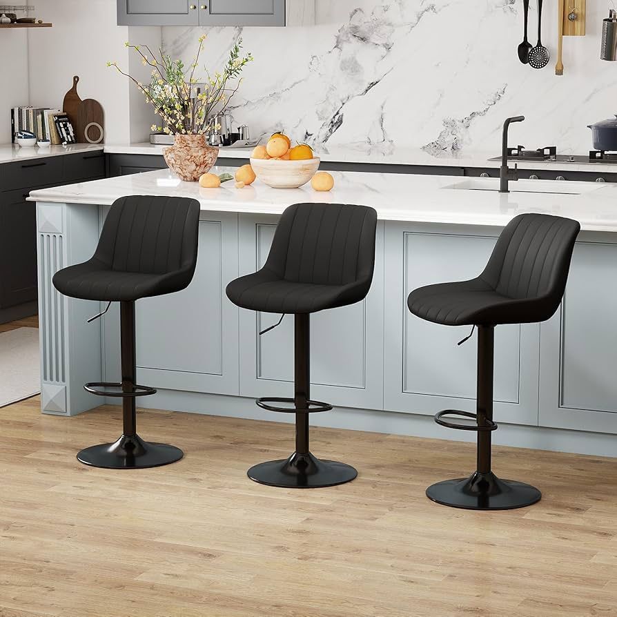 M-Youhauchair Bar Stools Set of 3, Swivel Counter Height Barstools with Back, Adjustable PU Leather Bar Chairs, Modern Armless Kitchen Island Stool, B