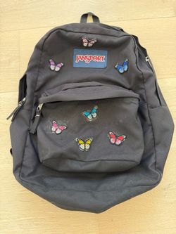 JanSport Black Backpack with Butterfly Patches