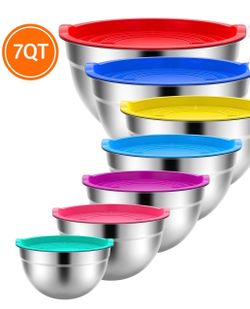 TINANA Mixing Bowls with Lids: 7 Pack Stainless Steel Mixing Bowls Set, Metal Nesting Mixing Bowls for Kitchen, 7/4.5/3.0/2.0/1.5/1.0/0.7QT, Great for