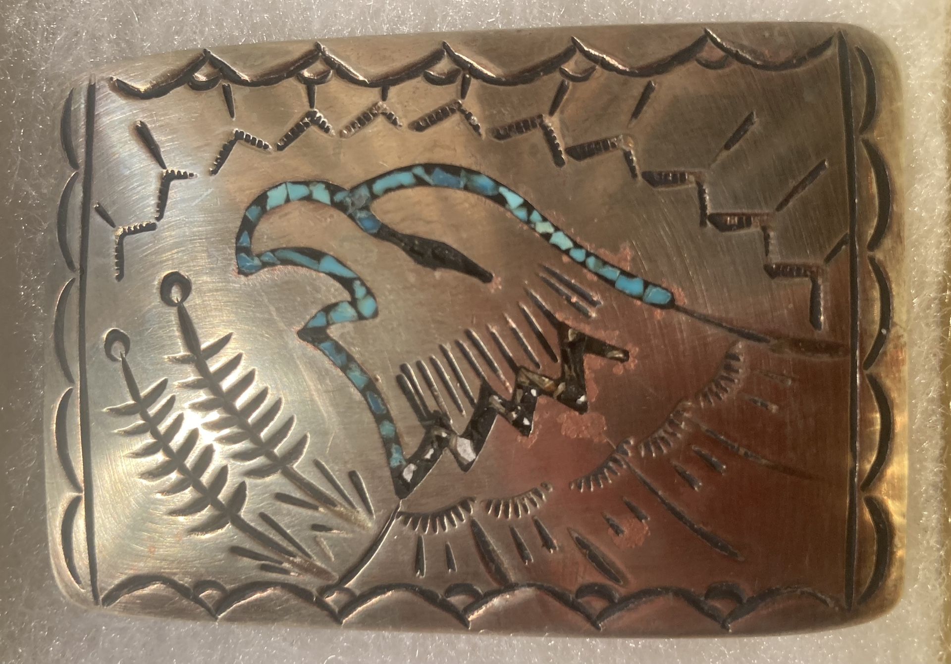 Vintage Belt Buckle Silver And Crushed Turquoise Eagle