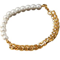 Faux Pearl Bracelet Ideal Gift Golden Plated Cuban Chain Faux Pearl Male Bangle Stylish