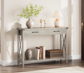 Modern Farmhouse Console Table with 2 Drawers & Bottom Shelf – Gray Wood Finish – New
