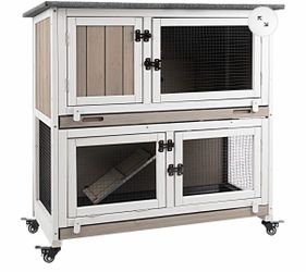 PET34 36″L Rabbit Hutch Wooden 2 Story, Guinea Pig Pet House for Small to Medium Animals, Grey