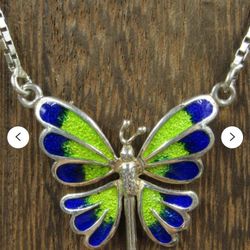 16" Sterling Silver Blue Green Butterfly Necklace Vintage