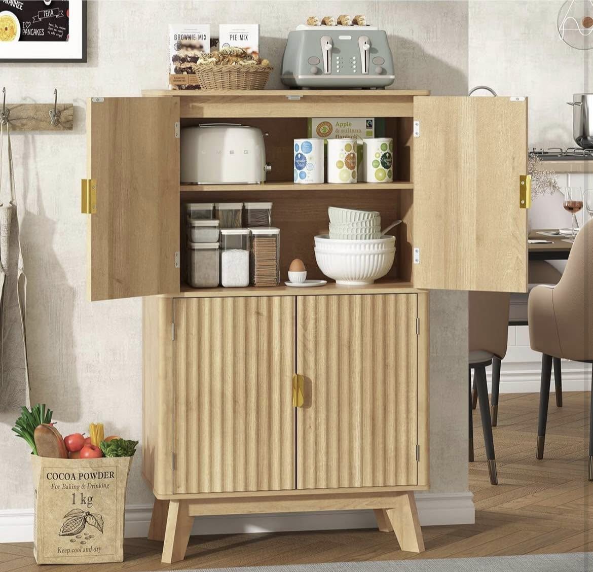 45" Fluted Storage Cabinet Adjustable Shelves, Freestanding Sideboard Buffet Bathroom Cabinets with 4 Doors, Wood Floor Cabinet