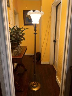 Rembrandt Brass Floor Lamp Fenton Glass Shade RARE!