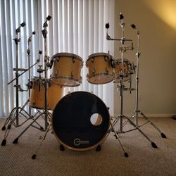TRIBES CUSTOM DRUMS - AMAZING SOUNDING DRUMS! KELLER MAPLE SHELLS - 5-PIECE  + 5 HEAVY DUTY STANDS W/ GIBRALTAR ATTACHMENTS TO HOLD TOMS & 7 CYMBALS