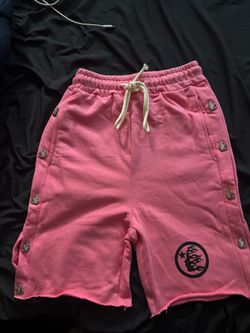 Pink Graphic Fleece Shorts with Side Embellishments