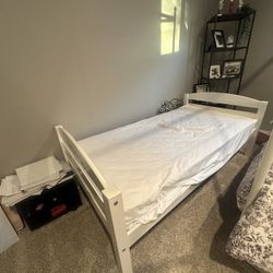 Twin bed frame with mattress (white, wood) 