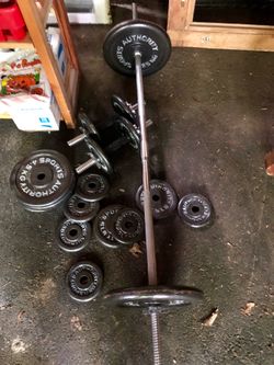 Original Sports Authority bar bell and weight set as it cn be seen in the attached photo. A bargain at $300