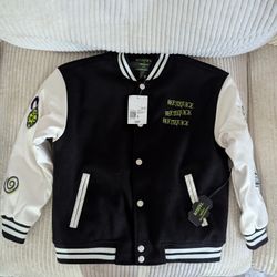 BRAND NEW Beetlejuice Black White Striped Varsity Letterman Jacket FOREVER 21 Kids Small