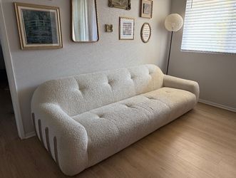 CB2 White Bouclé Designer Sofa – 98” Statement Couch – Excellent Condition