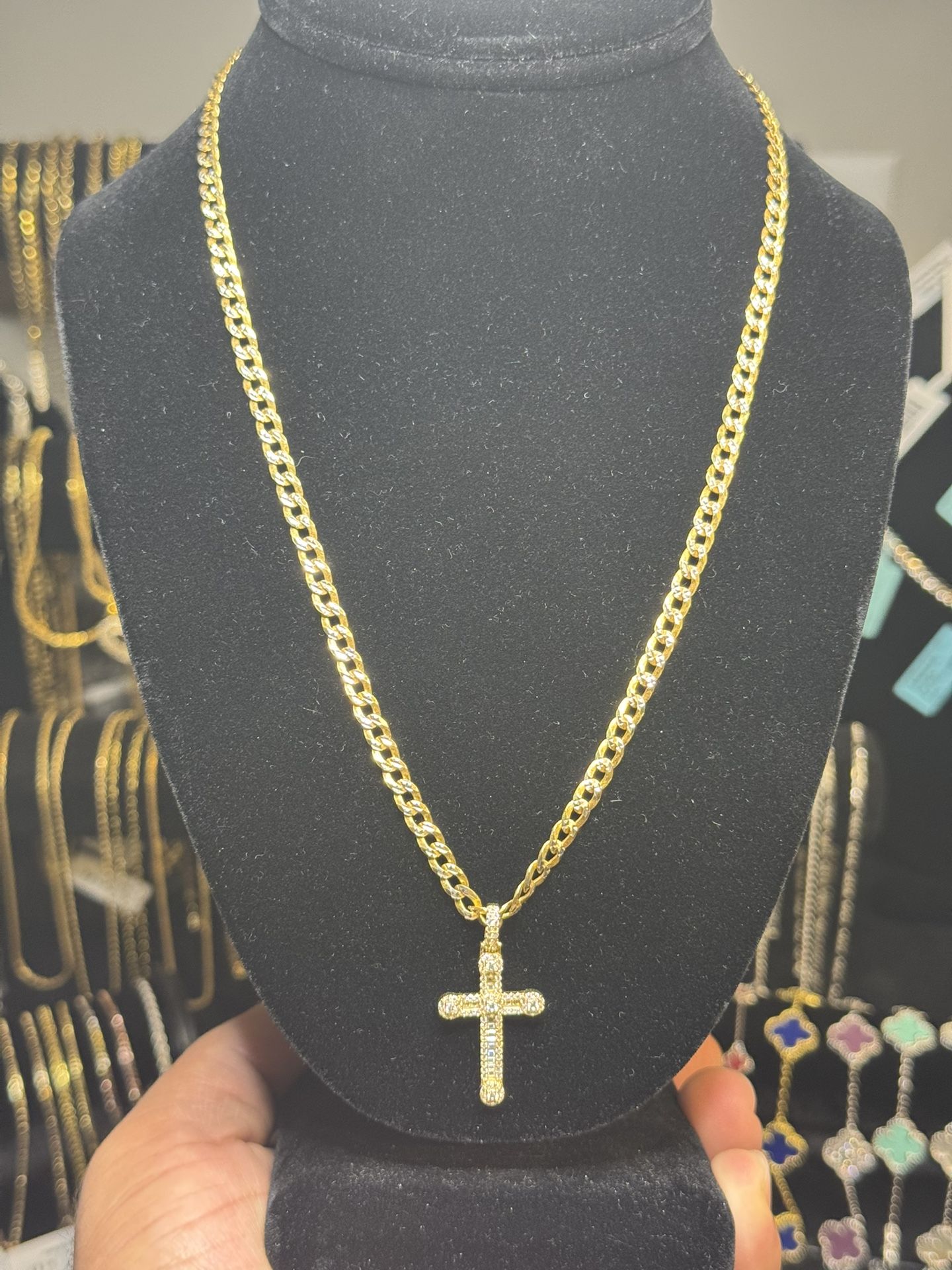 Two Tone Curb Cuban With Cross Pendant
