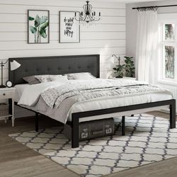 King Size Metal Platform Bed with Upholstered Button Tufted Headboard and 16 Strong Steel Slats, Dark Grey