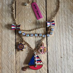 Betsy Johnson Style Gold Nautical Necklace Sailboat Anchor Charms NWT