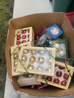 Box Of Various Christmas Decorations 22” Long 18” High