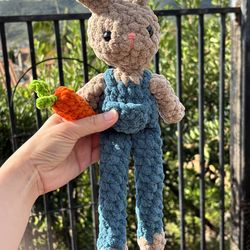 Bunny in Overall with Carrot 🥕 handmade 🧶 crochet 🧶 plushie