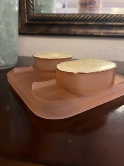 Vintage Vanity Dresser Set Bakelite Pink Pressed Glass