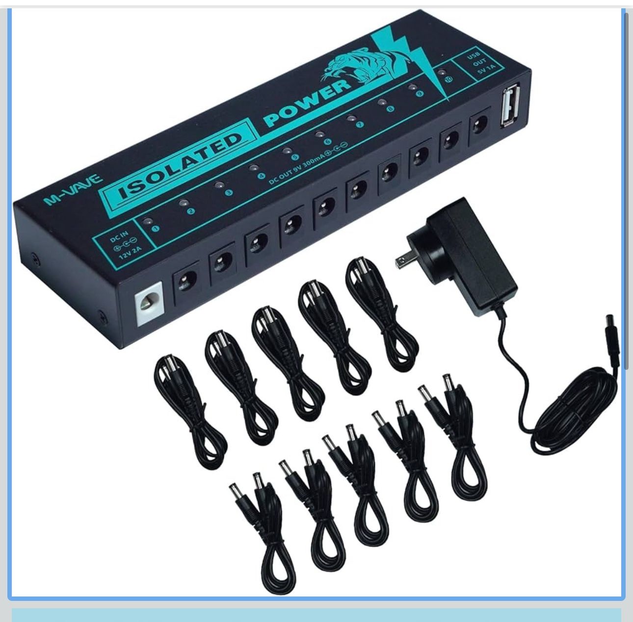 Guitar Pedal Isolated Power Supply Portable for Bass Effect 11 Isolated Multiple Output DC 9V 5V USB Output LED Light 300mA 1A Portable Guitar Cables