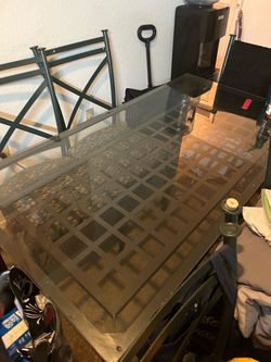 Iron & glass table six matching chairs