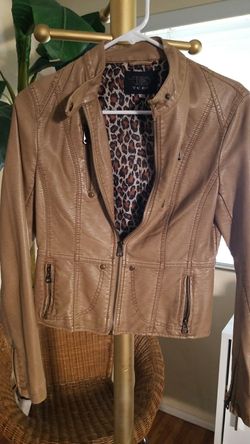 Tan leather jacket with leopard lining Size S