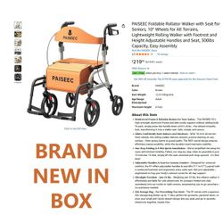 PAISEEC Foldable Rollator Walker with Seat for Seniors, 10" Wheels for All Terrains