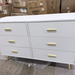 White Dresser for Bedroom with Gold Handles, 6 Drawer Wood Dresser Modern Chest of Organizer Storage Drawers for Hallway, Living Room, TV Stand