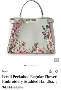 Fendi Peekaboo Regular Flower Embroidery Studded Handbag