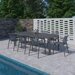 Brand New 9 Pieces Rectangular Grey Stackable Dining Set Made Of Die-cast Aluminum For Outdoor & Patio Furniture

