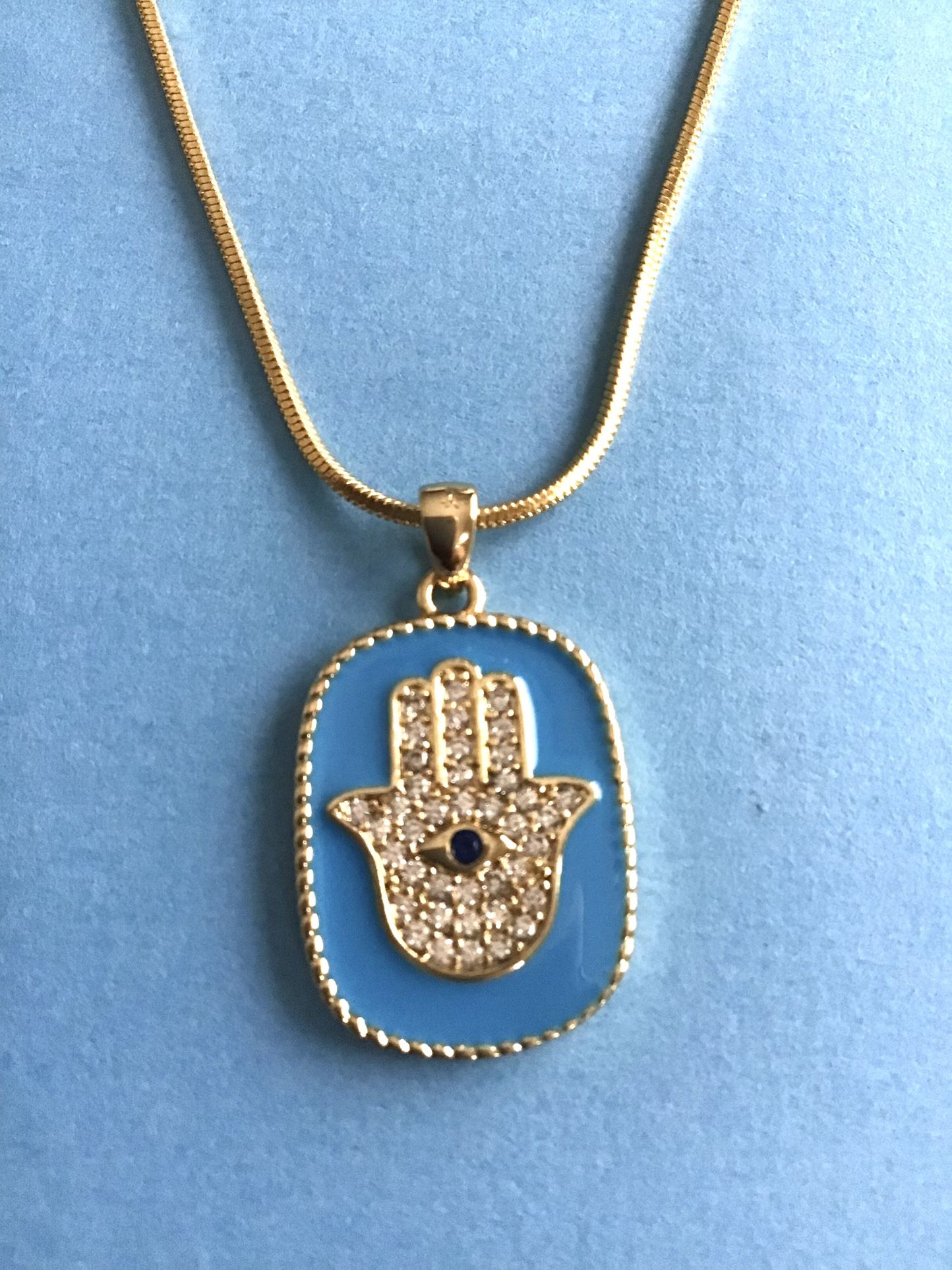 Ladies Necklace with Sparkling Crystal Hamsa, Turquoise Color On Snake Chain- Gold Plate *Ship Nationwide Or Pickup Boca Raton