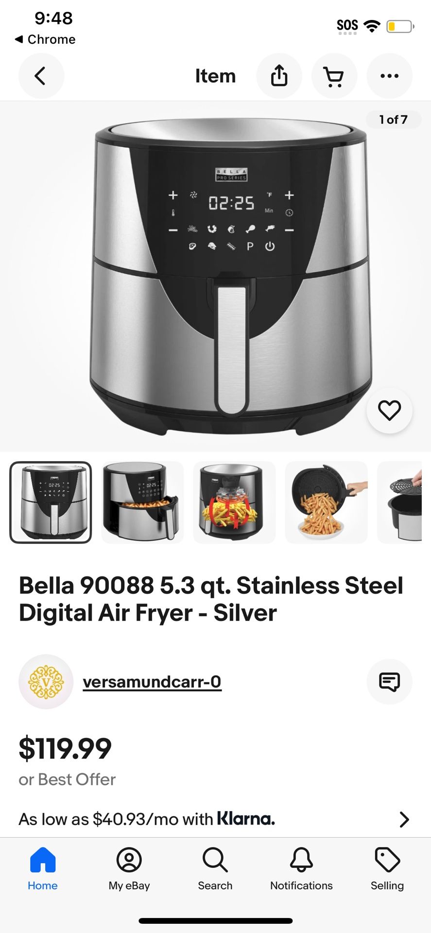 Bella 90088 5.3 qt. Stainless Steel Digital Air Fryer - Silver