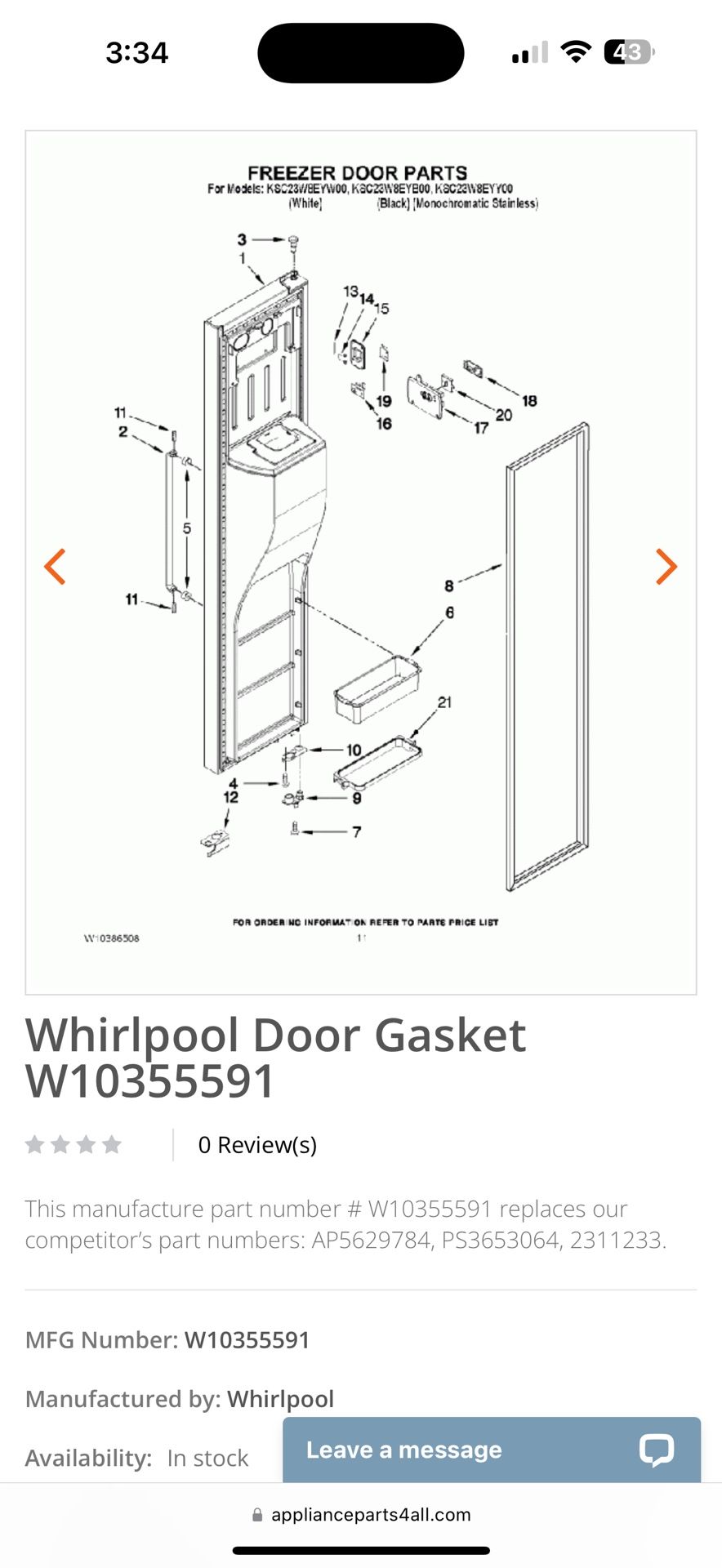 Refrigerator Door (freezer) Gasket