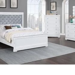 New White Bedroom 4pc Set Hollywood Mirror $39 Initial Payment Queen Bed,dresser,Hollywood Mirror,dual Usb Charging Ports In Nigh Stand 