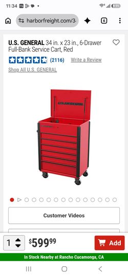 U.S. General 34in 6-Drawer Rolling Service Cart Red