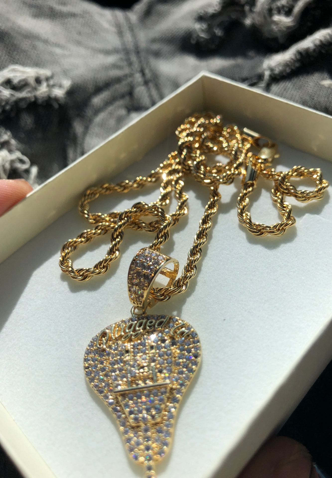 14k gold iced out pendant and chain