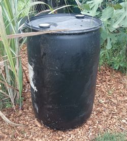 55 gallon black plastic barrel with sealed top excellent for lawn, garden, and food forest use.
