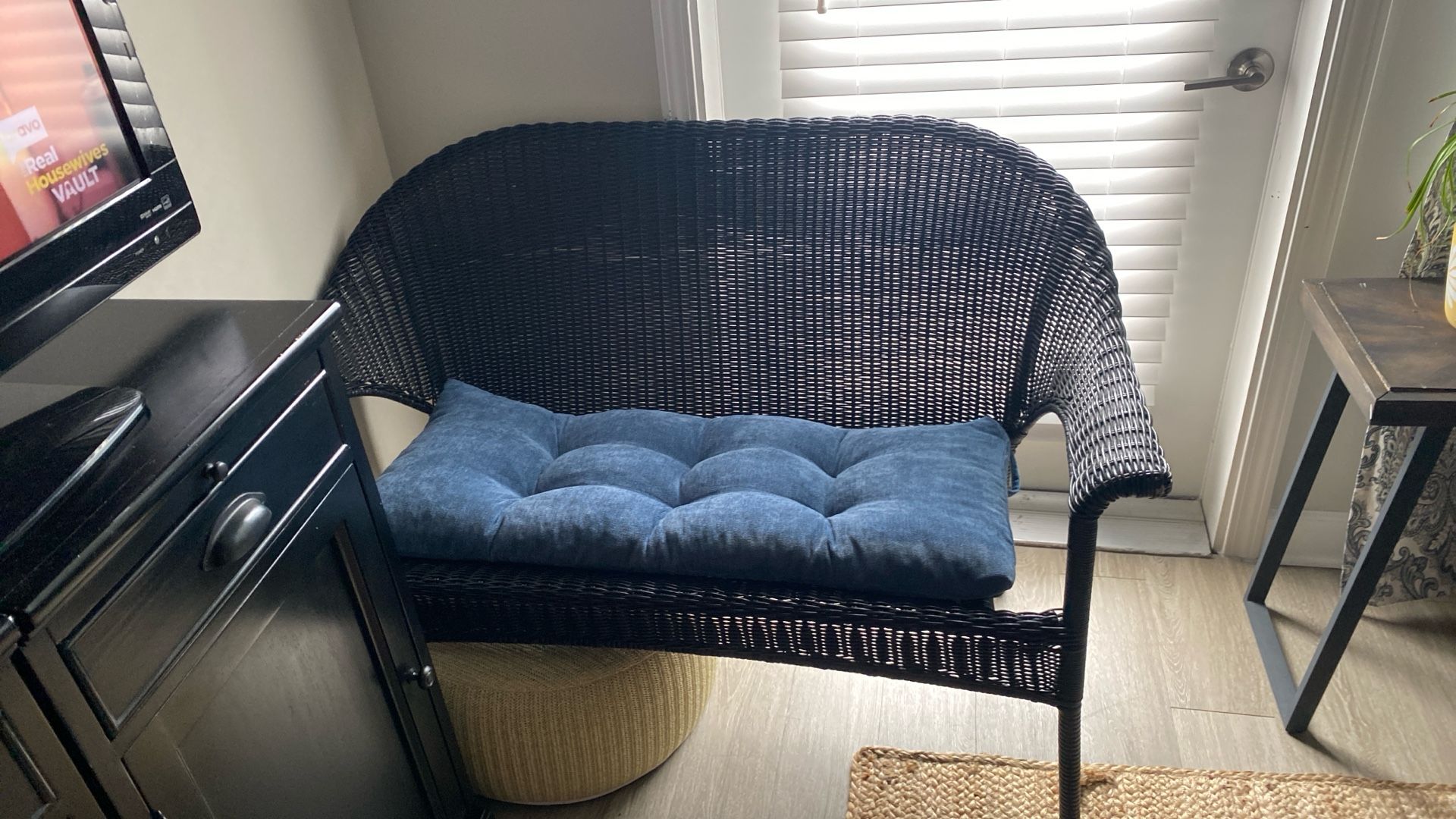 Black Wicker Bench With Non Slip Denim Cushion