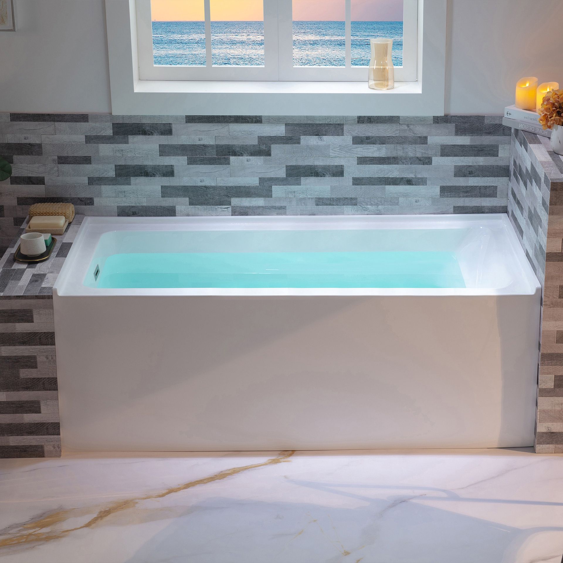 LB428-L 60" Acrylic Rectangular Alcove Soaking Bathtub in White with Left Drain, Brushed Nickel pop-up Drain Included