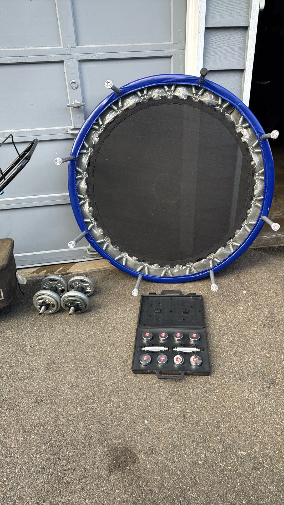 Trampoline,  Heavy Weights And 3lbs And 4 Pound Small Weights 