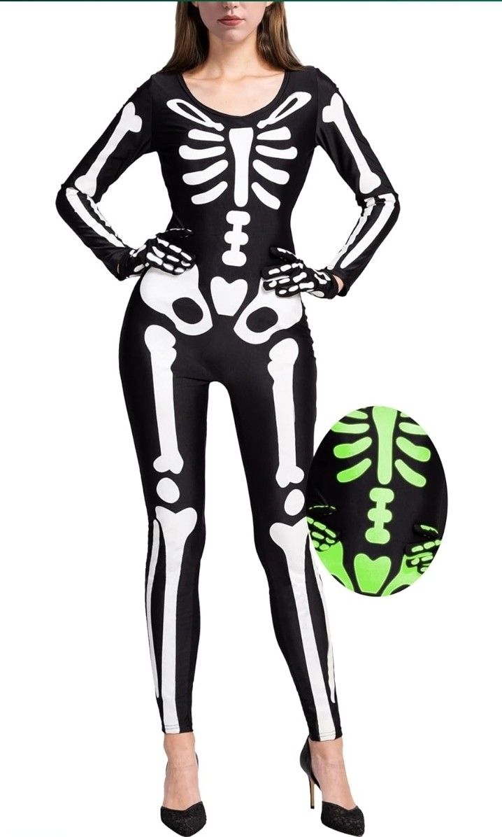 Spooktacular Creations Adult Glow in the Dark Skeleton Costume Women, Skeleton Bodysuit Halloween Costumes for Women Adult