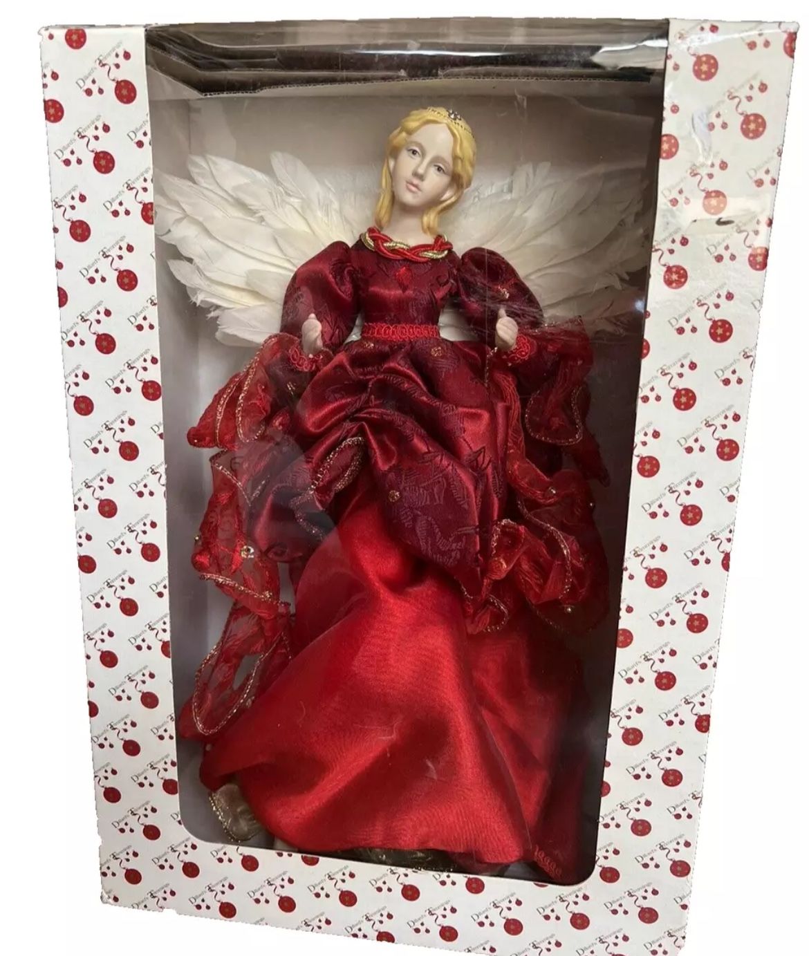 Vintage Red Christmas Angel Red 13" Dillards Figure Doll Real Feathers~Orig Box