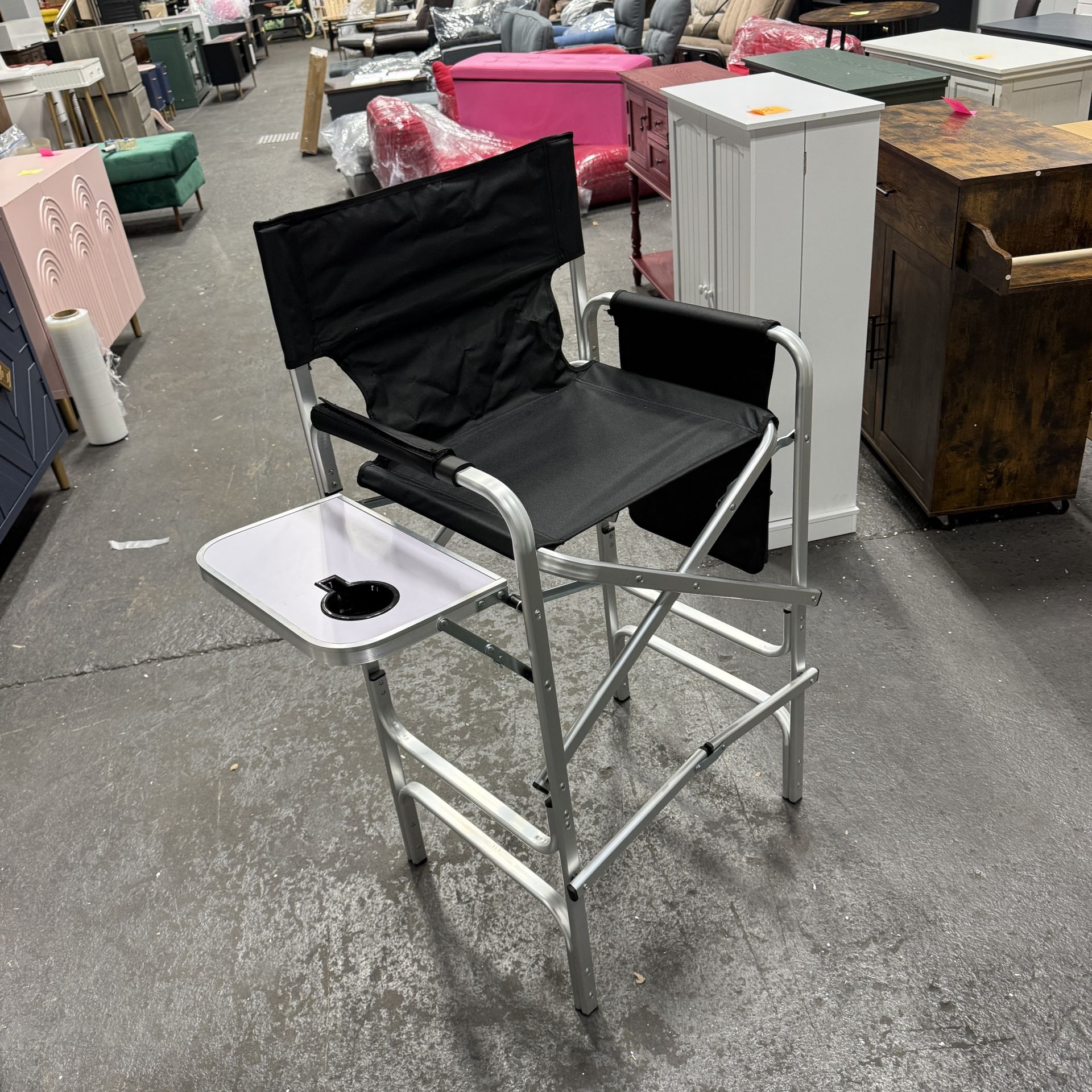 MoNiBloom 31-Inch Foldable Tall Director Chair Folding Portable Aluminum Frame Makeup Artist Chair, with Side Table, Cup Holder and Pockets, 250lbs Ca