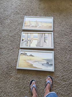 3 Seperate Beach Sceen Pictures "13 1/2 By "25 Sold As A Set