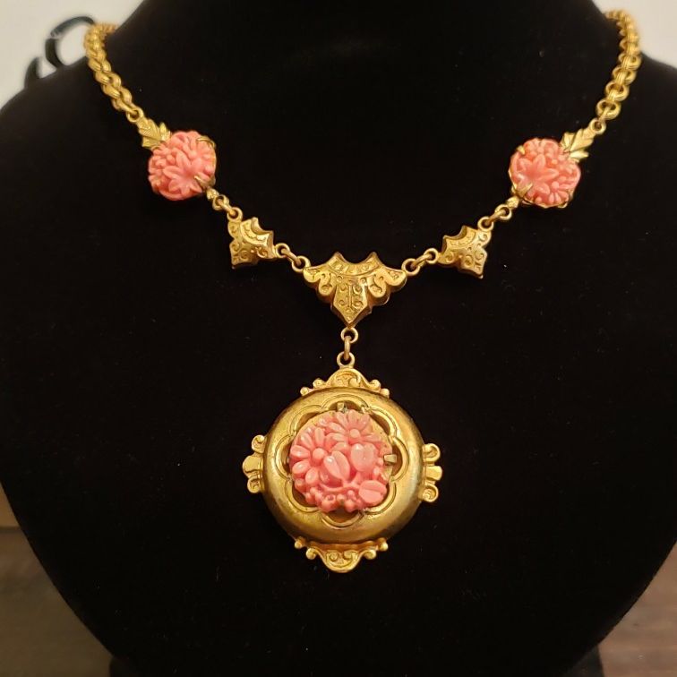 Victorian Filigree Coral Floral Necklace