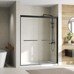 DeerValley 56-60" W x 72" H Double Sliding Shower Door Matte Black Tempered Glass