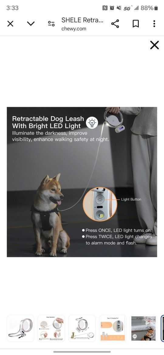 Shele Retractable Anti-Slip Handle & LED Light Nylon Telescopic Luminous Dog Leash, White, 10-ft long, .4-in W