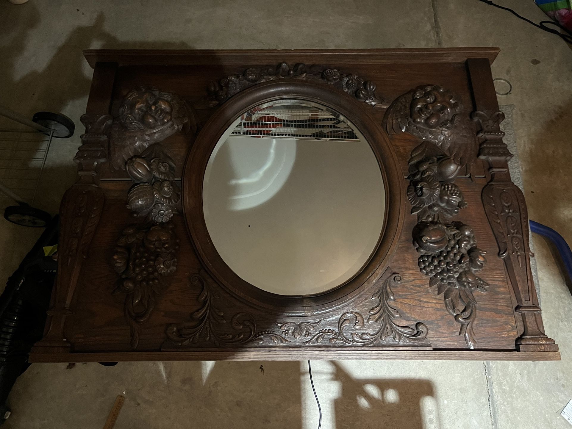 Vintage Mirror With Carved Wood Faces, Fruit, Flowers