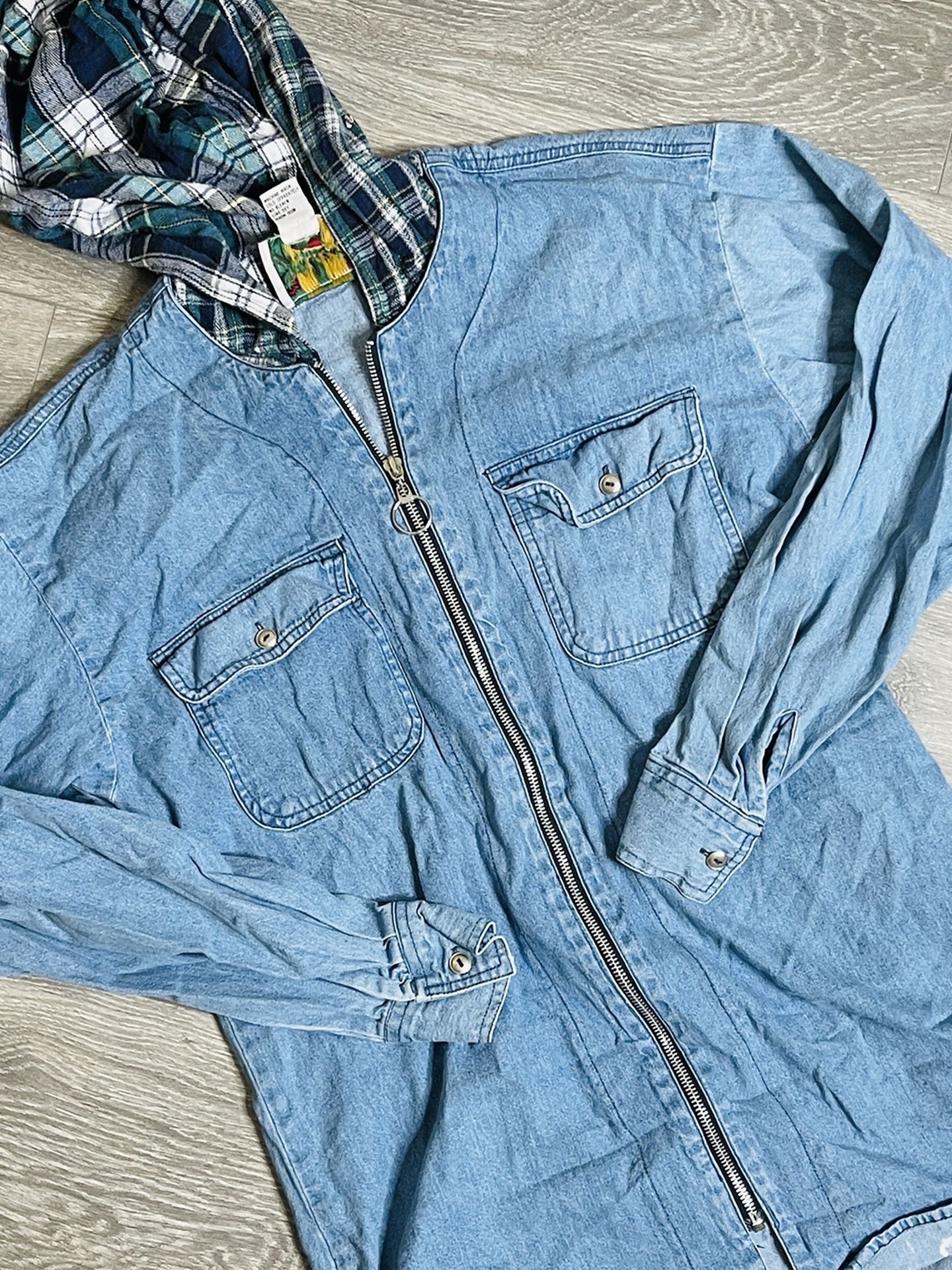 Vintage denim jacket With Plaid hoodie J:K:I