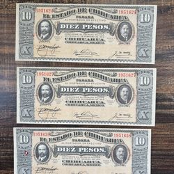 1915 México 🇲🇽 “Estado de Chihuahua” 10 Pesos Banknote
